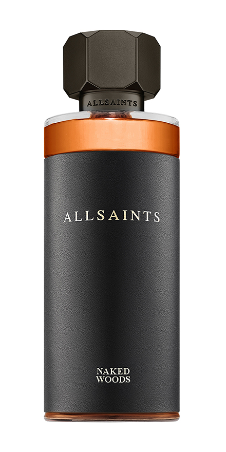 AllSaints Naked Woods perfume bottle: black textured body with an orange collar, dark geometric cap, and white AllSaints lettering on the front.