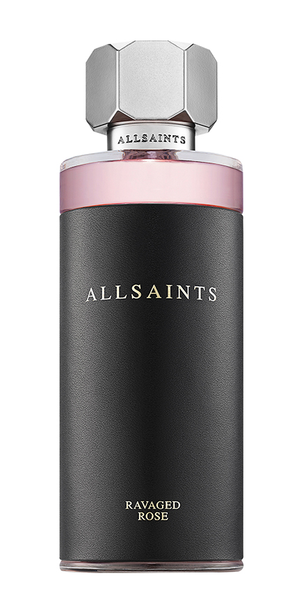 AllSaints Ravaged Rose perfume bottle with a black textured body, pink neck, and a silver angular cap.