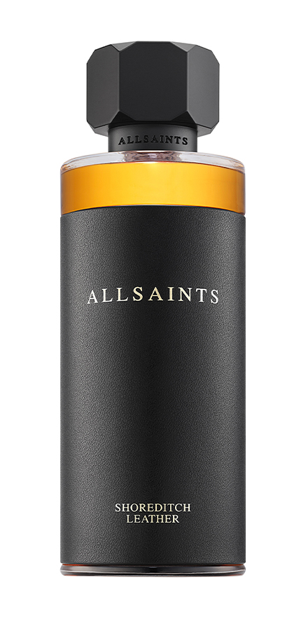 AllSaints Shoreditch Leather fragrance bottle with black textured cylindrical shell and amber-yellow liquid near the top, logo visible.