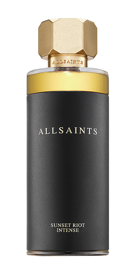 AllSaints Sunset Riot Intense perfume bottle with a matte black textured body, gold cap, and yellow collar.