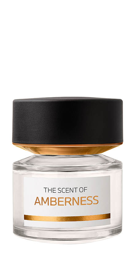 bmw-nobilis-group-packshots-880x440-AMBERNESS | NOBILIS GROUP Perfume bottle with a black cap and clear glass, label reads 'The Scent of Amberness' with a gold accent stripe.