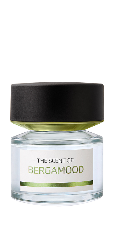 bmw-nobilis-group-packshots-880x440-BERGAMOOD | NOBILIS GROUP Perfume bottle with a black cap and a white label reading 'The Scent of Bergamood' and a green accent trim on the bottle.