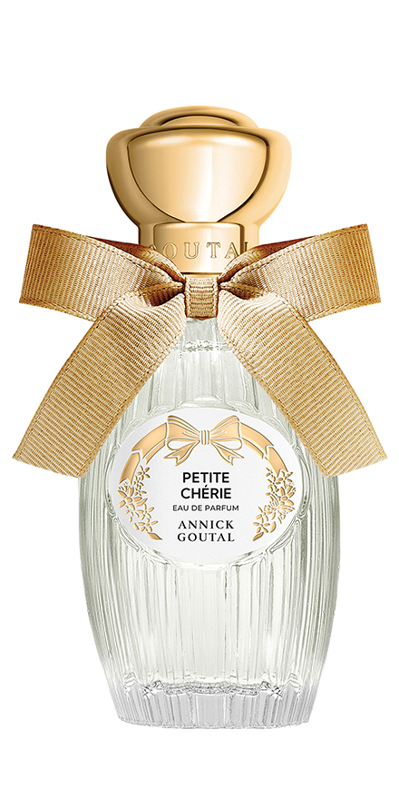 Petite Chérie perfume bottle by Annick Goutal with gold cap and beige bow.